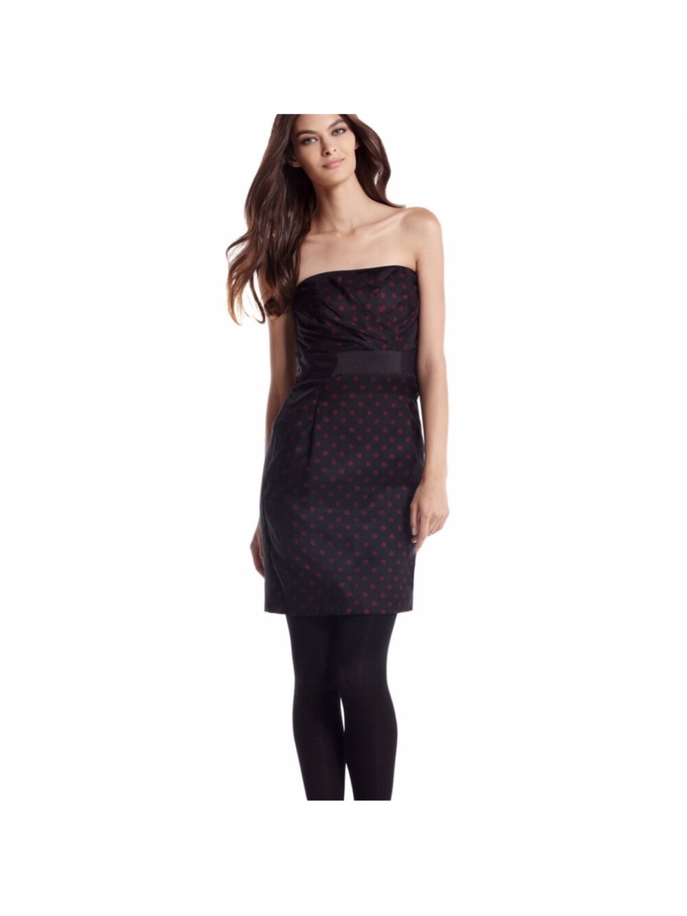 White House Black Market Black Strapless Dress with Red Dot Print